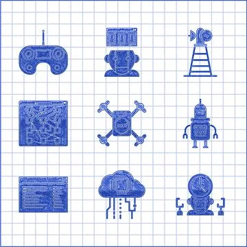 Set Drone flying with action camera, Robot and digital time manager, Software 스톡 일러스트