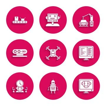 Set Drone flying with action camera, Bot, Computer monitor screen, and digital Stock Illustration