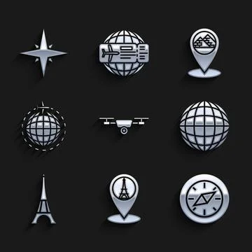 Set Drone flying with action video camera, Map pointer Eiffel tower, Compass Stock Illustration