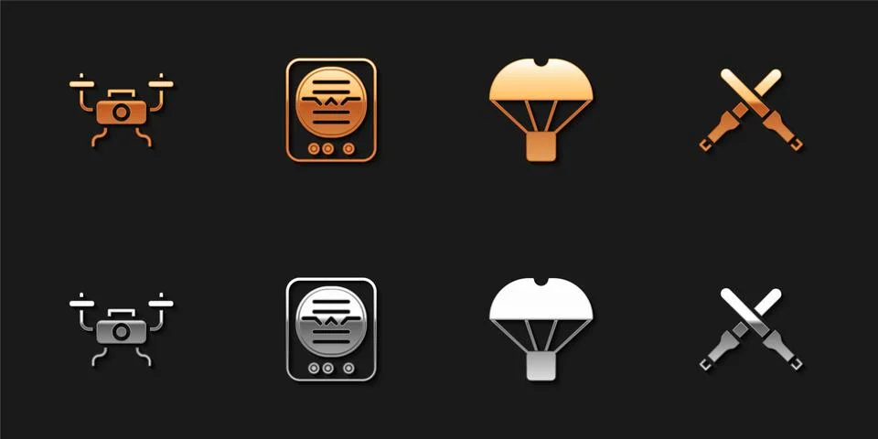 Set Drone flying, Attitude indicator, Box parachute and Marshalling wands icon Stock Illustration