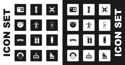 Set Drone flying, Bungee jumping, Speedboat, Action extreme camera, Climber rope Stock Illustration