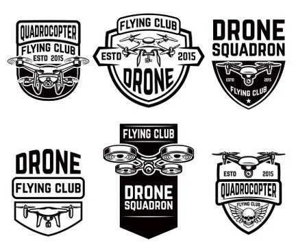 Set of drone flying club emblems templates. Design elements for logo, label, Illustrazione stock