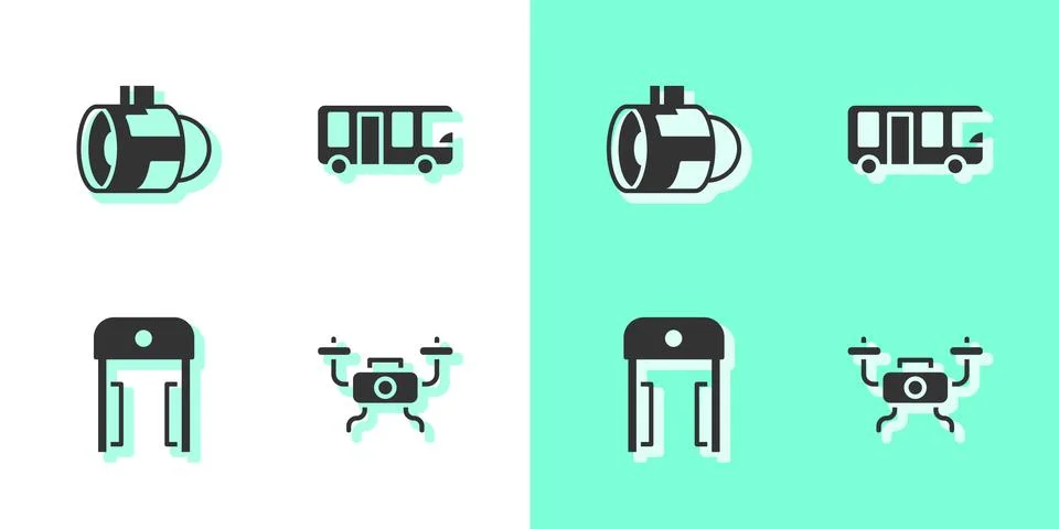 Set Drone flying, Jet engine turbine, Metal detector airport and Airport bus Stock Illustration