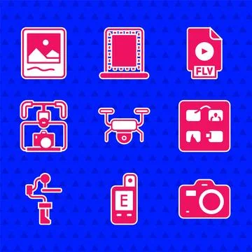 Set Drone flying, Light meter, Photo camera, Storyboard, Gimbal stabilizer .. Stock Illustration