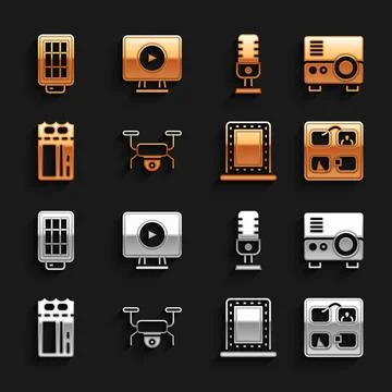 Set Drone flying, Media projector, Storyboard, Makeup mirror with lights, Cinema Stock Illustration