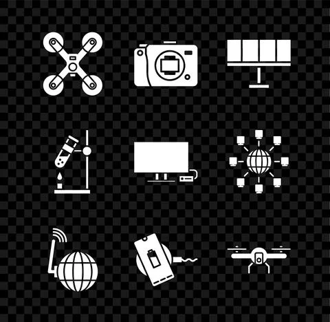 Set Drone flying, Mirrorless camera, Solar energy panel, Social network Stock Illustration