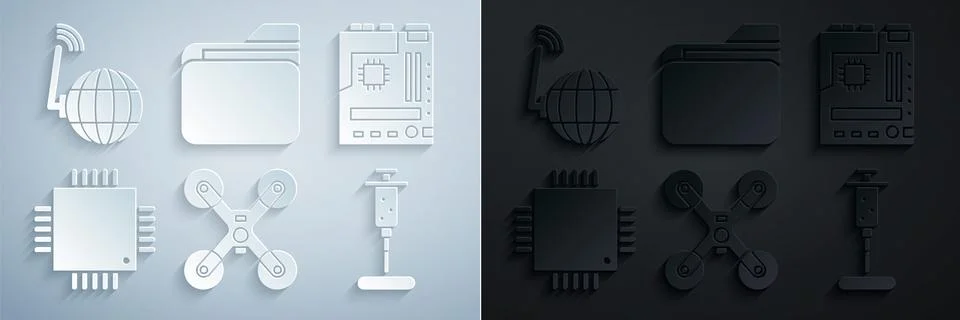 Set Drone flying, Motherboard, Processor with microcircuits CPU, Syringe Stock Illustration