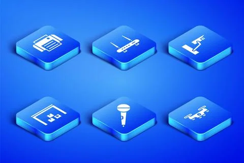 Set Drone flying, Printer, Microphone, Warehouse, Router and wi-fi signal and Ilustración de archivo
