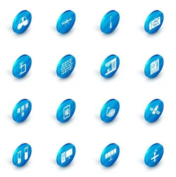 Set Drone flying, Screwdriver, Mirrorless camera, Microscope, Server, Data, Web Stock Illustration