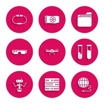 Set Drone flying, Server, Data, Web Hosting, Social network, Test tube and flask 스톡 일러스트