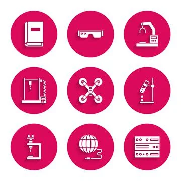 Set Drone flying, Social network, Server, Data, Web Hosting, Test tube flask Stock Illustration