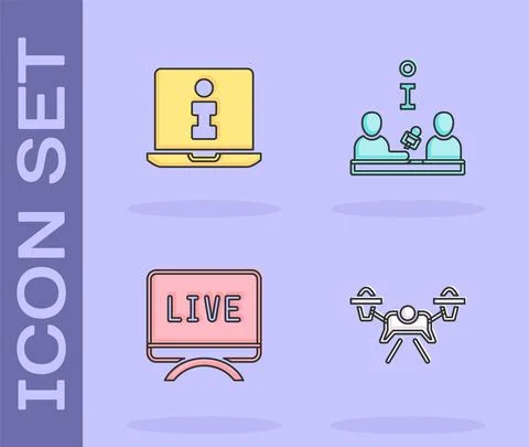 Set Drone, Information, Live report and Interview icon. Vector 스톡 일러스트