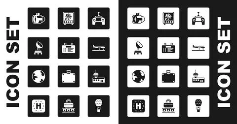 Set Drone remote control, Airport board, Radar, Jet engine turbine, Plane, with Stock Illustration