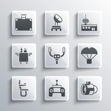 Set Drone remote control, Jet engine turbine, Box flying parachute, Aircraft Stock Illustration