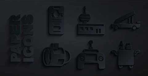 Set Drone remote control, Passenger ladder, Jet engine turbine, Trolley for food Illustrazione stock