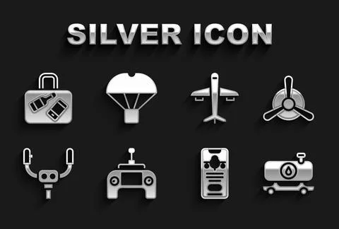 Set Drone remote control, Plane propeller, Fuel tanker truck, Mobile with ticket Stock Illustration
