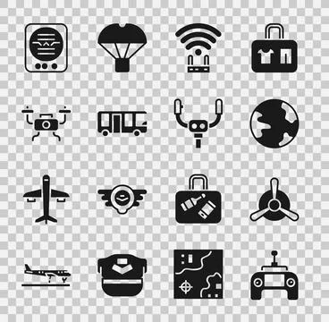 Set Drone remote control, Plane propeller, Worldwide, Router and wi-fi sign.. イラスト素材