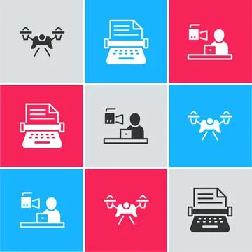 Set Drone, Retro typewriter and Breaking news icon. Vector 库存插图