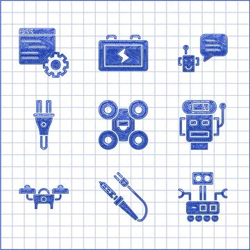 Set Drone, Soldering iron, Robot, low battery charge, Electric plug, Bot and 스톡 일러스트