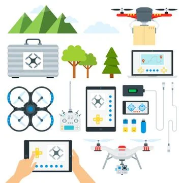 Set of Drone Tools flat vector illustration. Stock Illustration