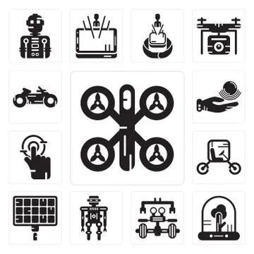 Set of Drone, Tree, Robot, Solar panel, Vehicle, Tap, Telekinesis, Motorbike  Illustrazione stock gratuita