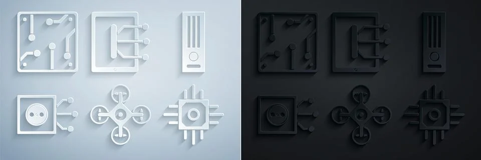 Set Drone Video game console Remote control Processor Tablet and icon. Vector Stock Illustration