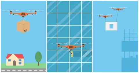 Set of drones with remote control. Drone for delivery, washing, construction Stock Illustration