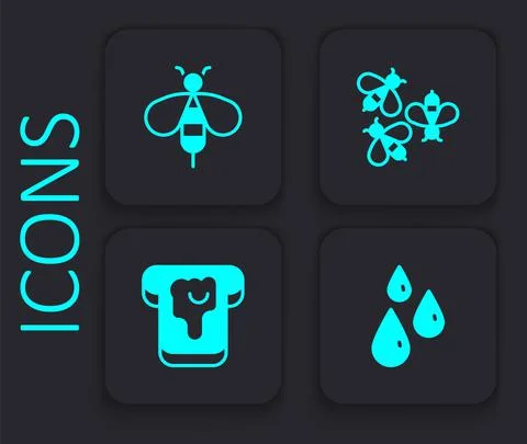 Set Drops of honey, Bee, Bees and Bread with icon. Black square button. Vector Stock Illustration