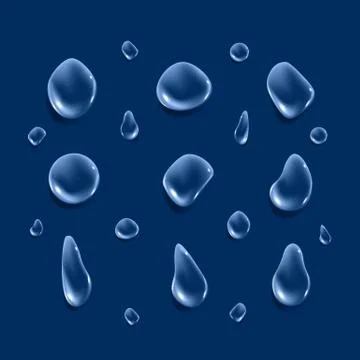 Set of Drops. Liquid clear droplet. Dew on glass surface. vector illustration Stock Illustration