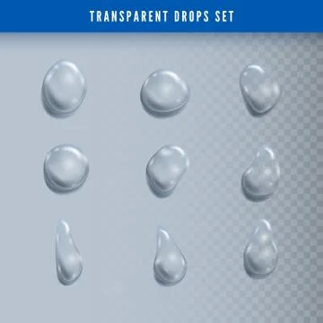 Set of Drops. Liquid clear droplet. Dew on glass surface. vector illustration Stock Illustration