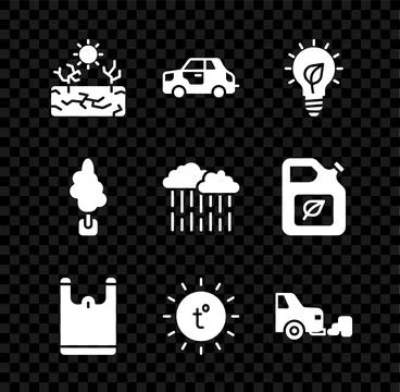 Set Drought, Car, Light bulb with leaf, Plastic bag, Sun, exhaust, Tree and Stock Illustration