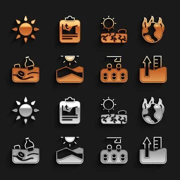 Set Drought, Global warming fire, Rise water level, Deforestation, Problem Stock Illustration