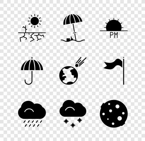 Set Drought, Sun protective umbrella for beach, Sunset, Cloud with rain, snow Stock Illustration