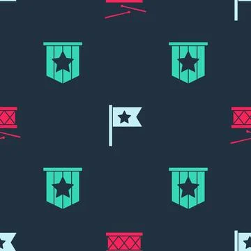 Set Drum and drum sticks, American flag and on seamless pattern. Vector Stock Illustration