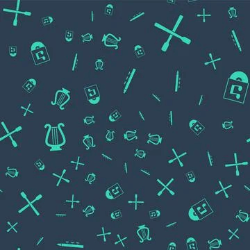 Set Drum and drum sticks, , Ancient lyre and Vinyl disk on seamless pattern Stock Illustration