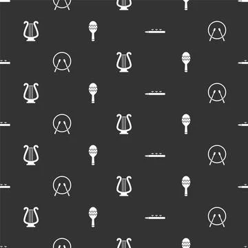 Set Drum and drum sticks, , Ancient lyre and Maracas on seamless pattern. Vector Stock Illustration