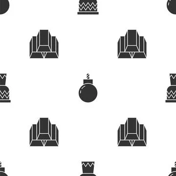 Set Drum, Bomb ready to explode and Gold bars on seamless pattern. Vector Stock Illustration