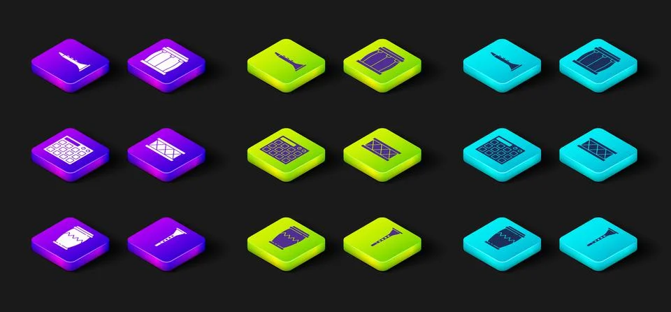 Set Drum, Clarinet, machine, and icon. Vector Illustrazione stock