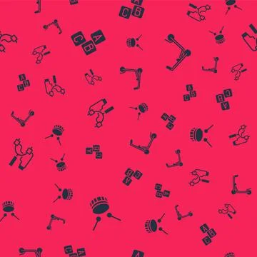 Set Drum with drum sticks, ABC blocks, Slingshot and Scooter on seamless pattern Illustrazione stock