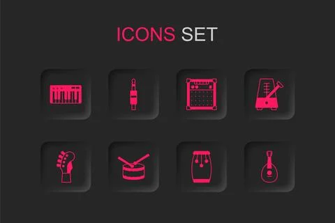 Set Drum with drum sticks, Audio jack, Music synthesizer, Conga drums, Metr.. Stock Illustration