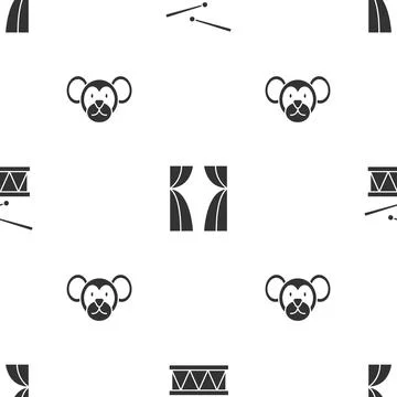 Set Drum with drum sticks, Circus curtain raises and Monkey on seamless pattern Stock Illustration