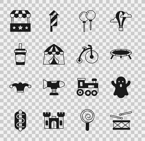 Set Drum with drum sticks, Ghost, Jumping trampoline, Balloons ribbon, Circus Ilustración de archivo