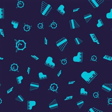Set Drum with drum sticks, Keytar, Pan flute and Grand piano on seamless pattern Stock Illustration
