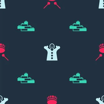 Set Drum with drum sticks, Toy puppet doll on hand and building block bricks on Ilustración de archivo