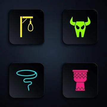 Set Drum, Gallows, Lasso and Buffalo skull. Black square button. Vector Stock Illustration