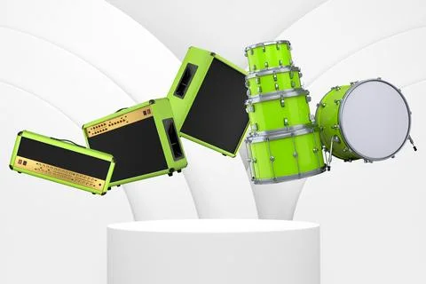 Set of drum kit and amplifiers over podium , isolated on colorful abstract Ilustração Stock