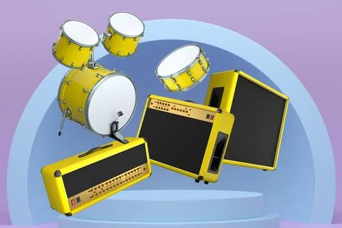 Set of drum kit and amplifiers over podium , isolated on colorful abstract .. Stock Illustration