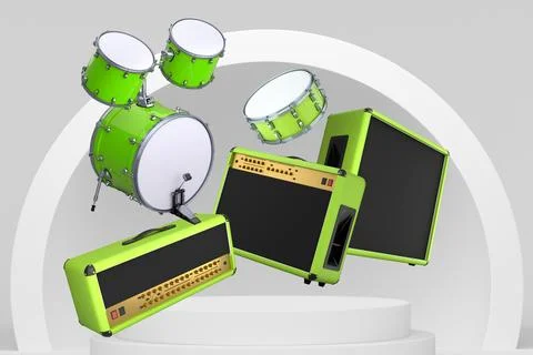 Set of drum kit and amplifiers over podium , isolated on colorful abstract .. Ilustração Stock