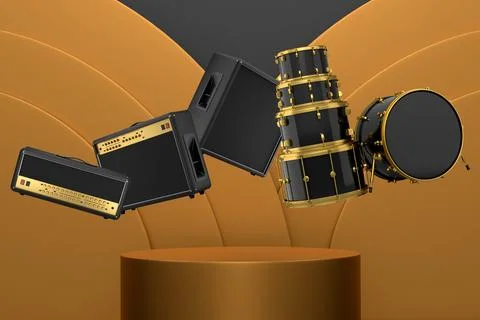 Set of drum kit and amplifiers over podium , isolated on colorful abstract .. Ilustração Stock