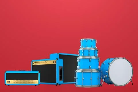 Set of drum kit and amplifiers suspended mid-air over podium , isolated on co Stock Illustration